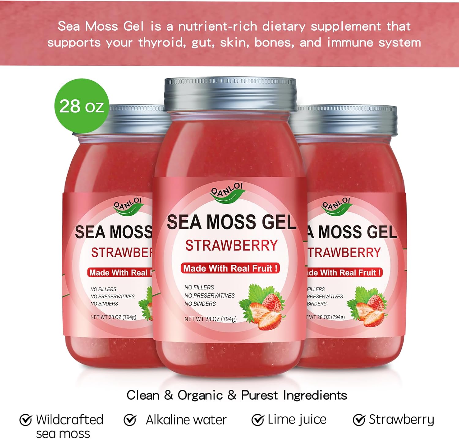 Organic Strawberry Sea Moss Gel - 28oz, 92 Vitamins & Minerals Supplement