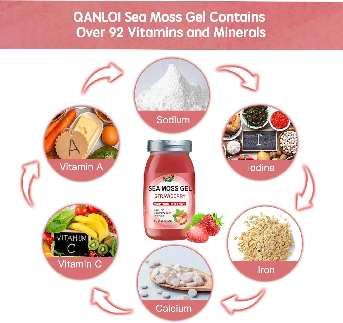 Organic Strawberry Sea Moss Gel - 28oz, 92 Vitamins & Minerals Supplement