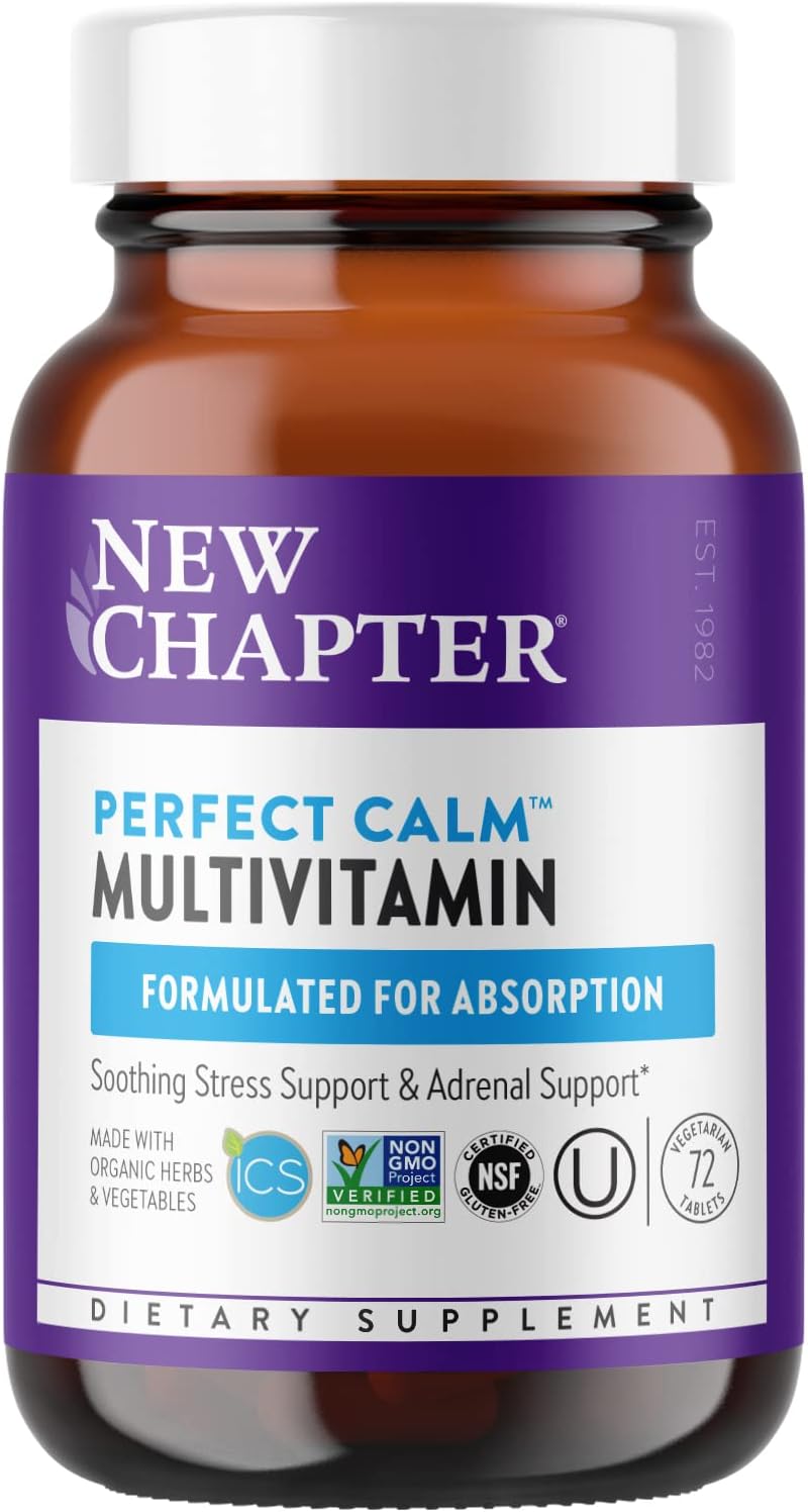 Organic Stress & Mood Support Multivitamin with B Vitamins - New Chapter Calming Supplement with Holy Basil & Lemon Balm, 72 Count