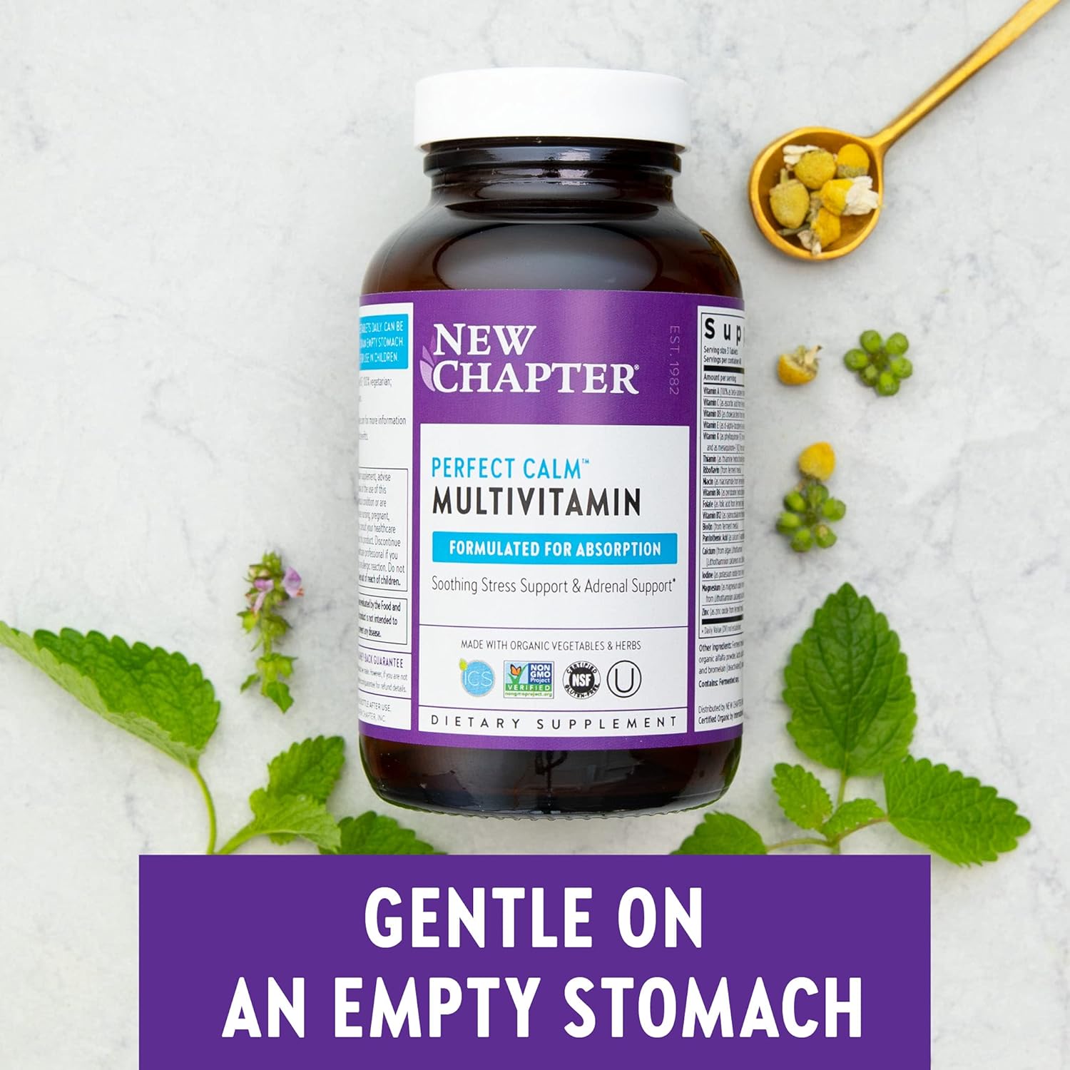 Organic Stress & Mood Support Multivitamin with B Vitamins - New Chapter Calming Supplement with Holy Basil & Lemon Balm, 72 Count