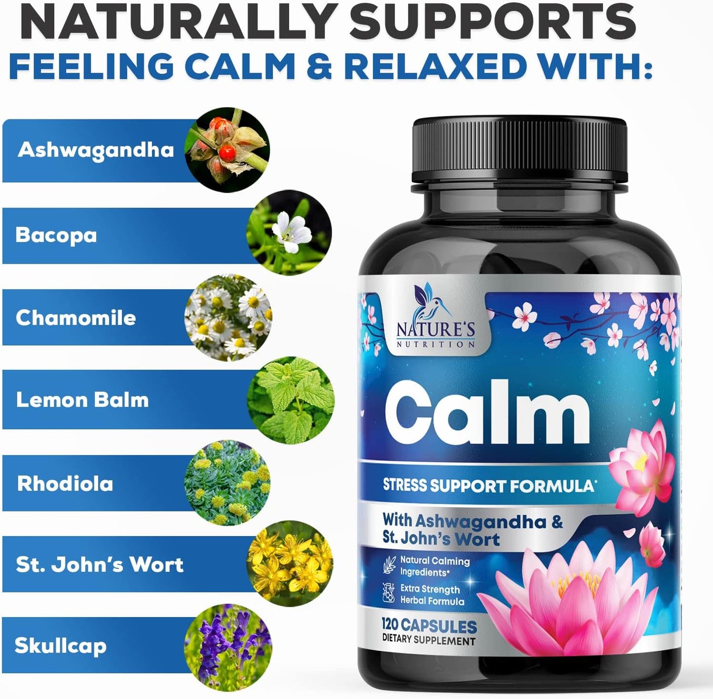 Organic Stress Relief & Relaxation Support Capsules with Ashwagandha, GABA, Magnesium, 5-HTP, L-Theanine & B Vitamins - Non-GMO, Vegan, Gluten-Free - 120 Count