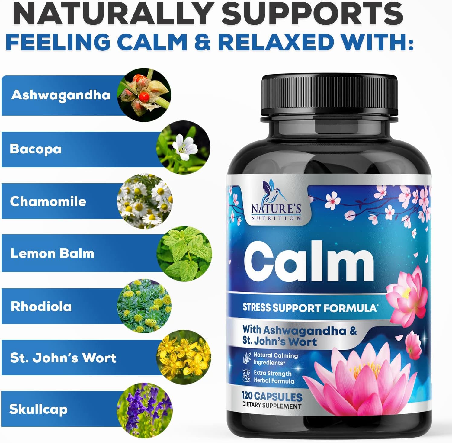 Organic Stress Relief & Relaxation Support Capsules with Ashwagandha, GABA, Magnesium, 5-HTP, L-Theanine & B Vitamins - Non-GMO, Vegan, Gluten-Free - 120 Count
