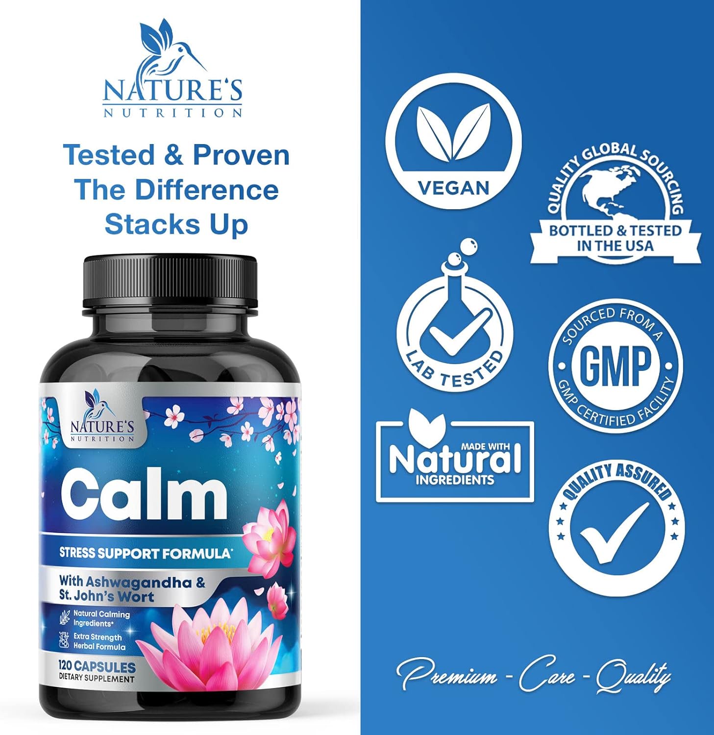 Organic Stress Relief & Relaxation Support Capsules with Ashwagandha, GABA, Magnesium, 5-HTP, L-Theanine & B Vitamins - Non-GMO, Vegan, Gluten-Free - 120 Count