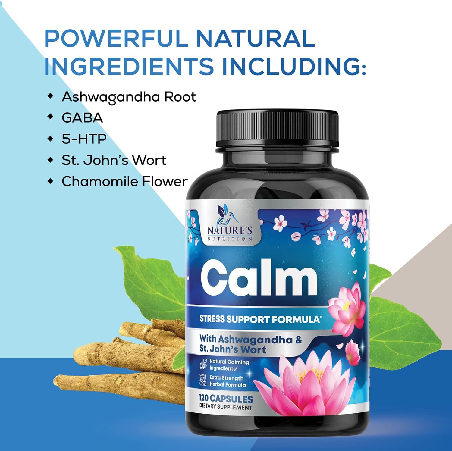 Organic Stress Relief & Relaxation Support Capsules with Ashwagandha, GABA, Magnesium, 5-HTP, L-Theanine & B Vitamins - Non-GMO, Vegan, Gluten-Free - 120 Count