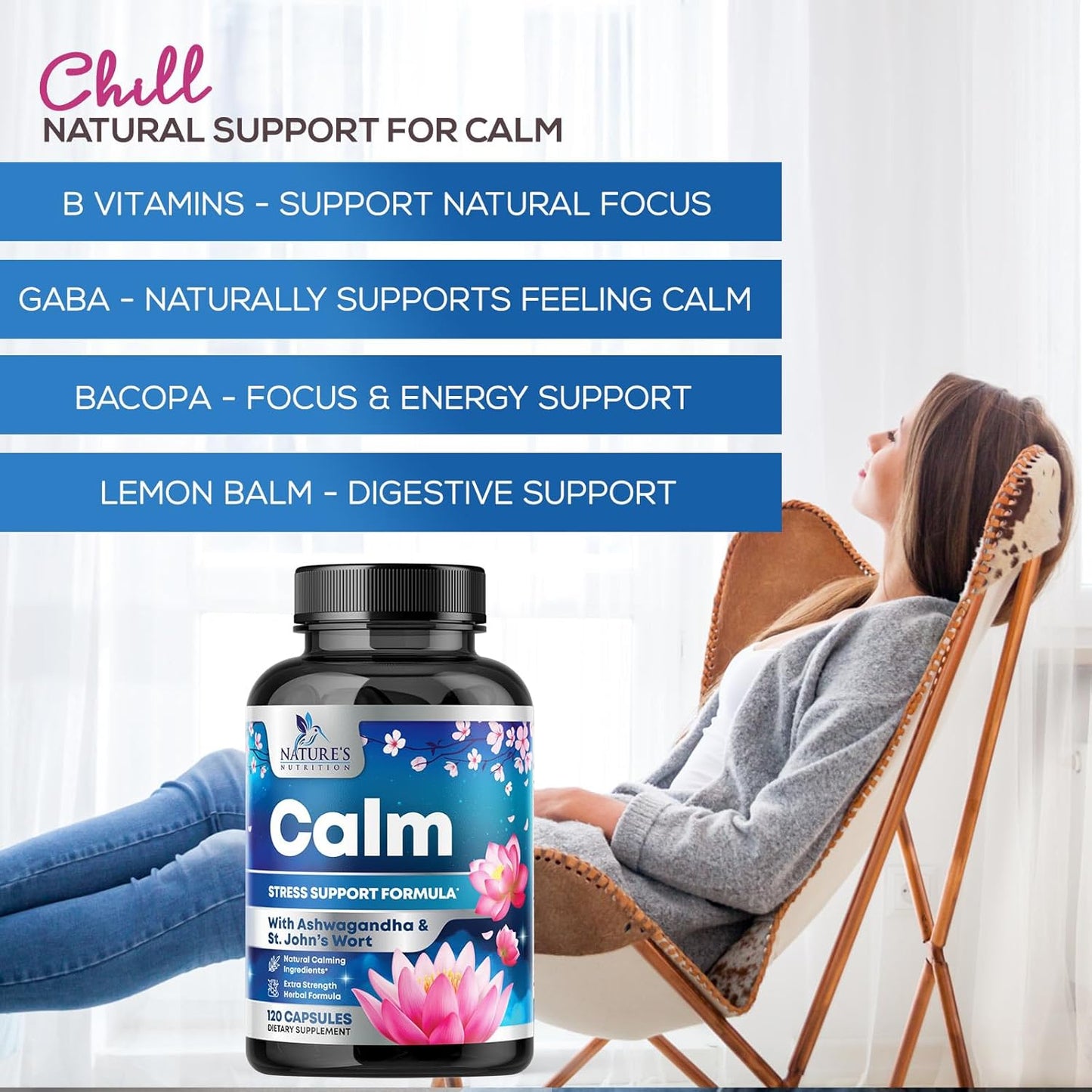Organic Stress Relief & Relaxation Support Capsules with Ashwagandha, GABA, Magnesium, 5-HTP, L-Theanine & B Vitamins - Non-GMO, Vegan, Gluten-Free - 120 Count