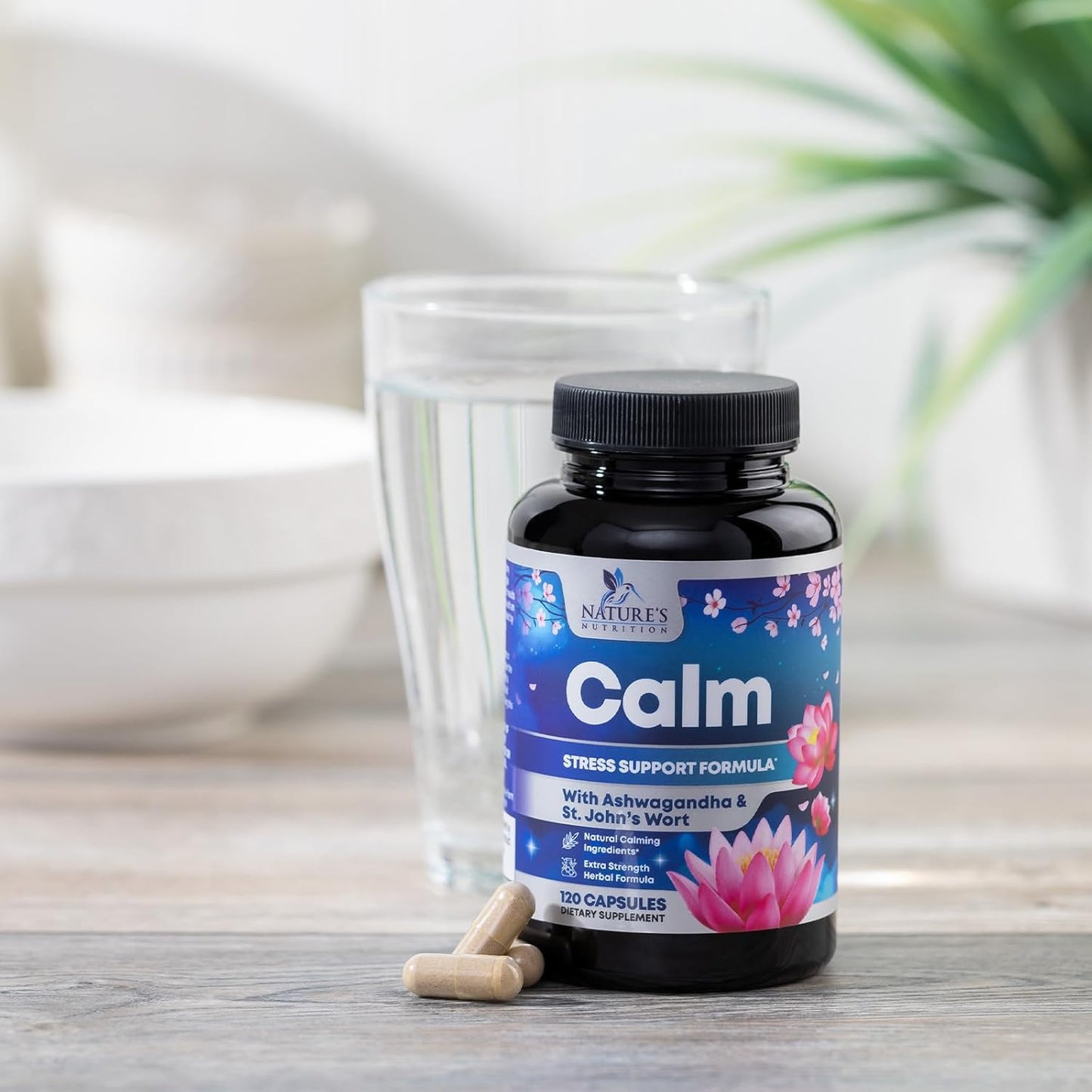 Organic Stress Relief & Relaxation Support Capsules with Ashwagandha, GABA, Magnesium, 5-HTP, L-Theanine & B Vitamins - Non-GMO, Vegan, Gluten-Free - 120 Count