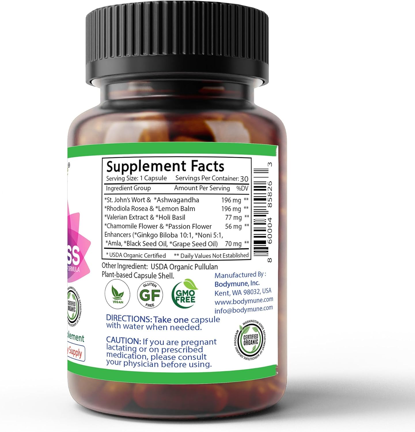 Organic Stress Relief Supplement with St John’s Wort & Ashwagandha - Calm Mind & Body Blend - 60 Capsules