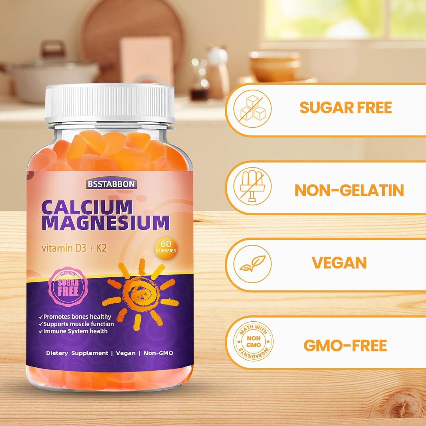 Organic Sugar-Free Calcium Magnesium Gummies with Zinc, Vitamin D3, and K2 - High Absorption for Immune Strength - 60 Count for Adults