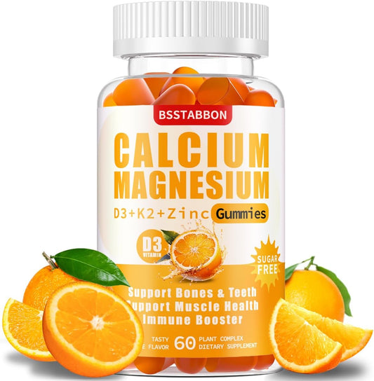 Organic Sugar-Free Calcium Magnesium Zinc Gummies with Vitamin D3 K2 - High Absorption Immune Strength Support for Adults - Vegan Chewable Gummy (60 Count)