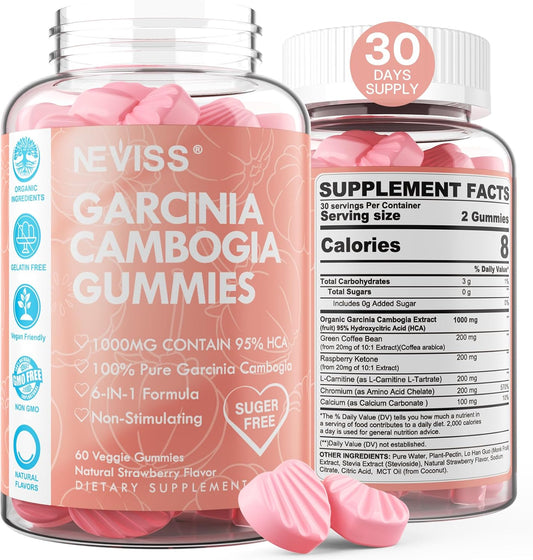 Organic Sugar-Free Garcinia Cambogia Gummies with 95% HCA and Metabolism-Boosting Ingredients - Vegan Strawberry Flavor - 60 Count