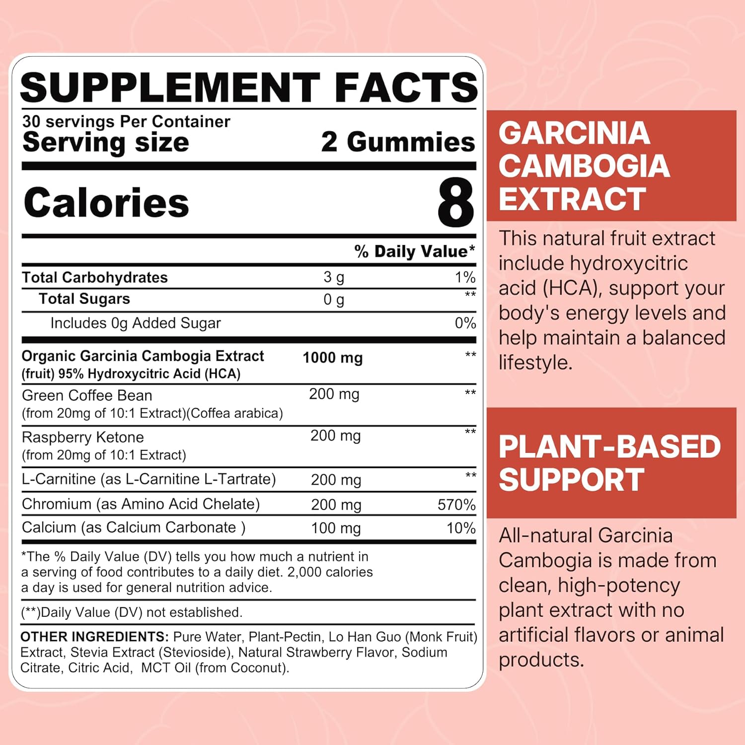 Organic Sugar-Free Garcinia Cambogia Gummies with 95% HCA and Metabolism-Boosting Ingredients - Vegan Strawberry Flavor - 60 Count