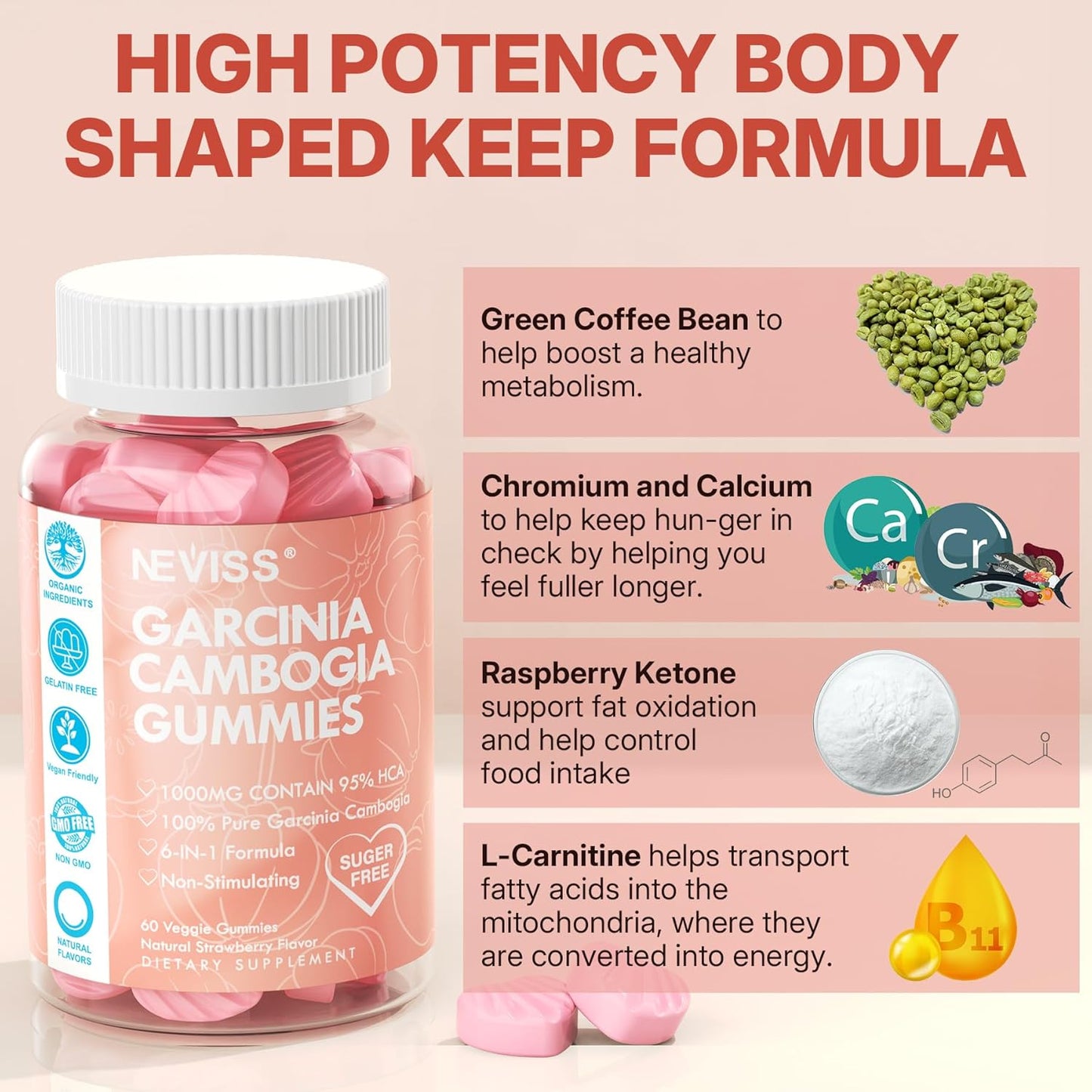 Organic Sugar-Free Garcinia Cambogia Gummies with 95% HCA and Metabolism-Boosting Ingredients - Vegan Strawberry Flavor - 60 Count