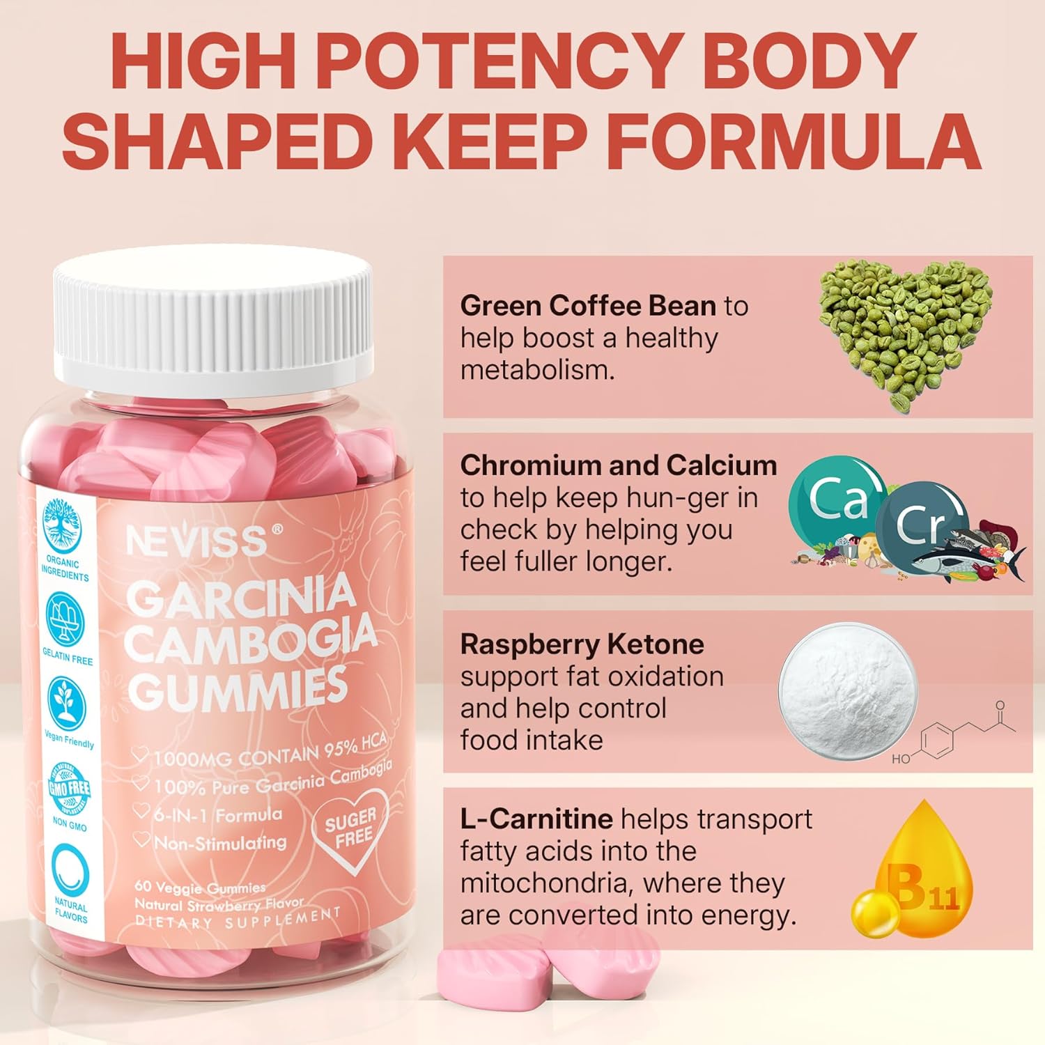 Organic Sugar-Free Garcinia Cambogia Gummies with 95% HCA and Metabolism-Boosting Ingredients - Vegan Strawberry Flavor - 60 Count