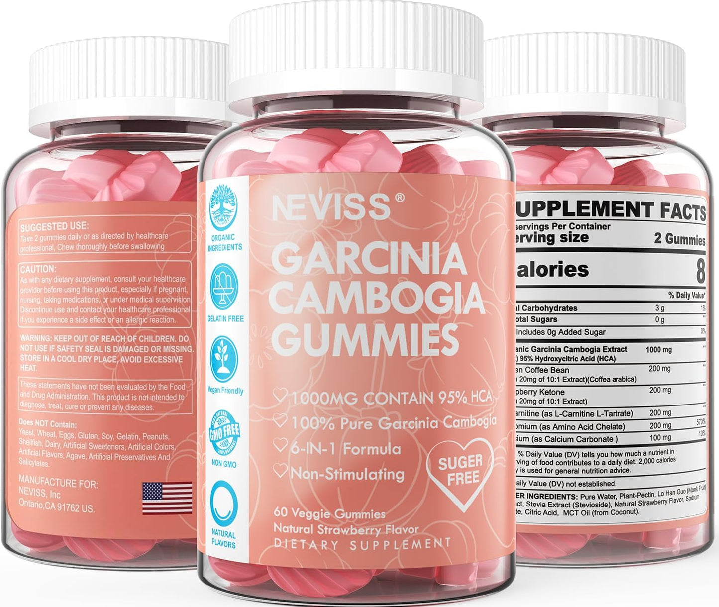 Organic Sugar-Free Garcinia Cambogia Gummies with 95% HCA and Metabolism-Boosting Ingredients - Vegan Strawberry Flavor - 60 Count