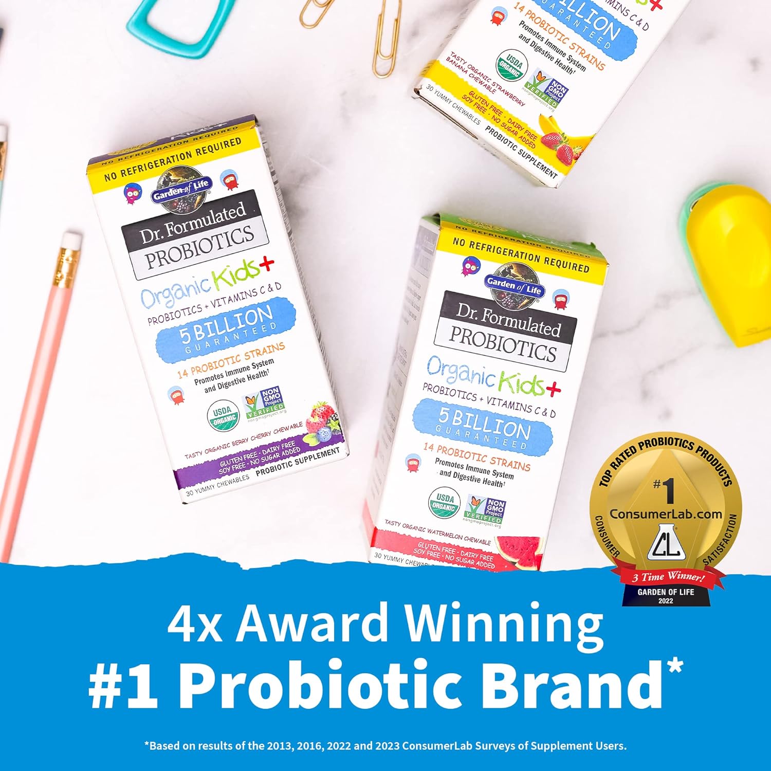 Organic Sugar-Free Kids Probiotic Gummies - Immune & Digestive Support, 3 Billion & 5 Billion CFU Chewables