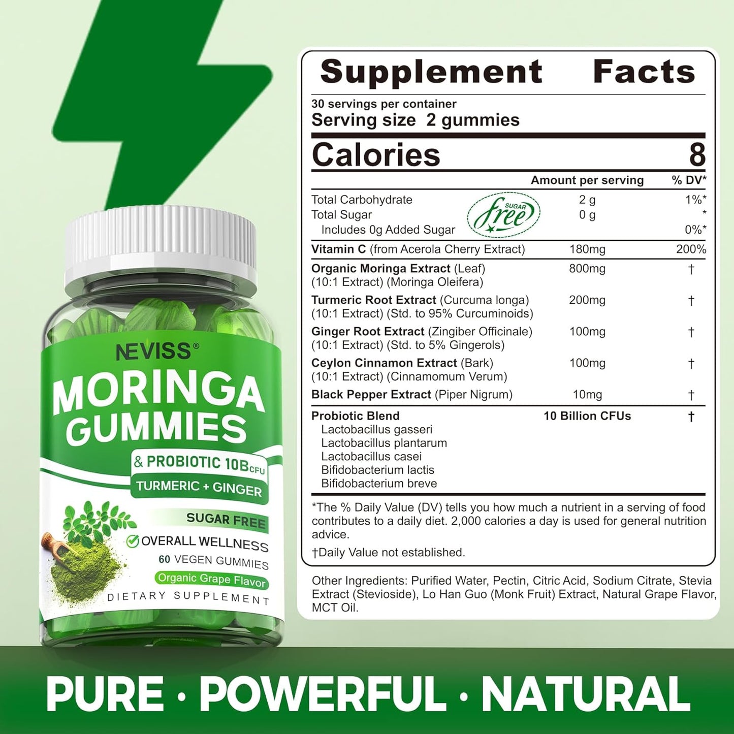 Organic Sugar-Free Moringa Gummies with Probiotics & Turmeric for Gut & Immune Support - Vegan Chewable Supplement for Adults - 120 Count