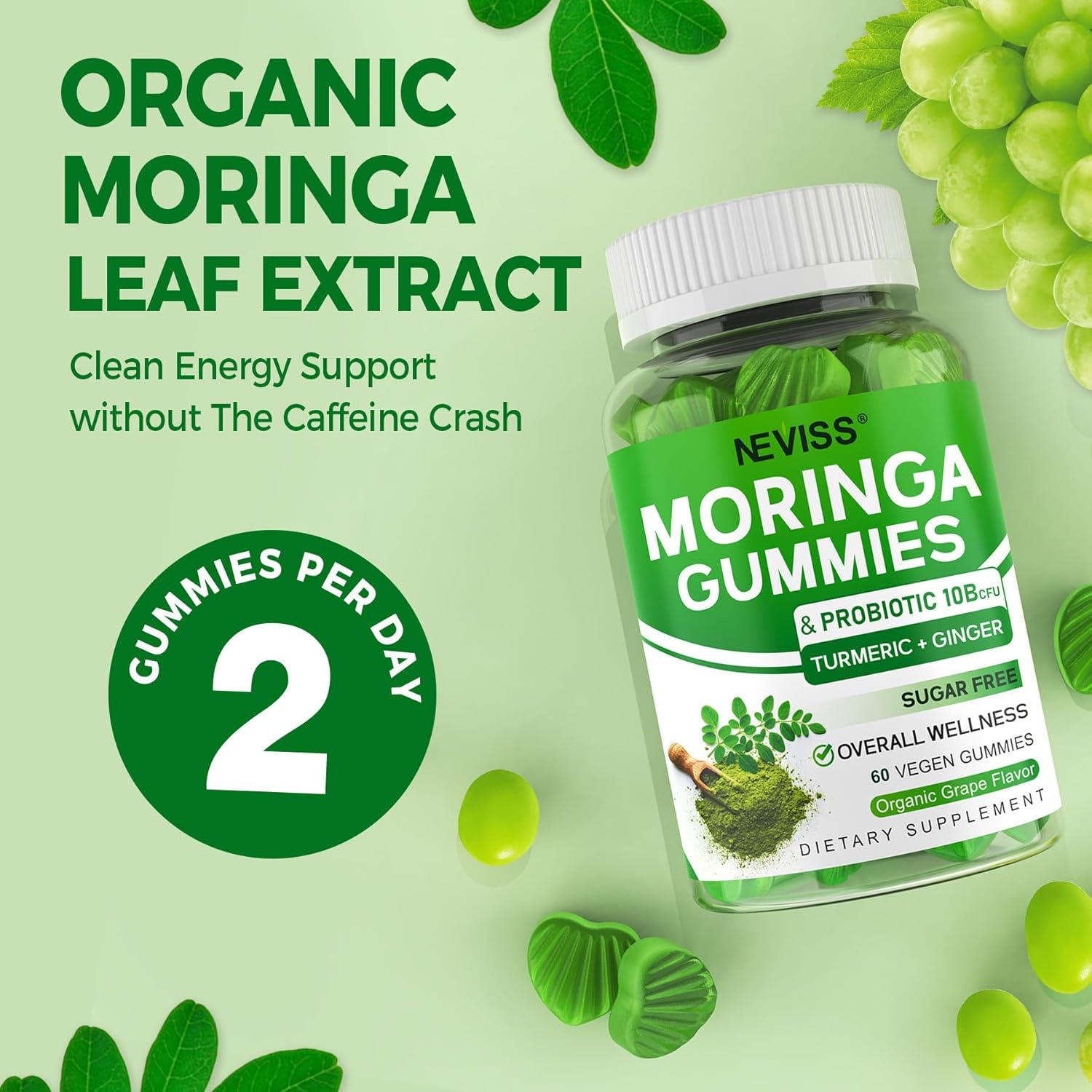 Organic Sugar-Free Moringa Gummies with Probiotics & Turmeric for Gut & Immune Support - Vegan Chewable Supplement for Adults - 120 Count