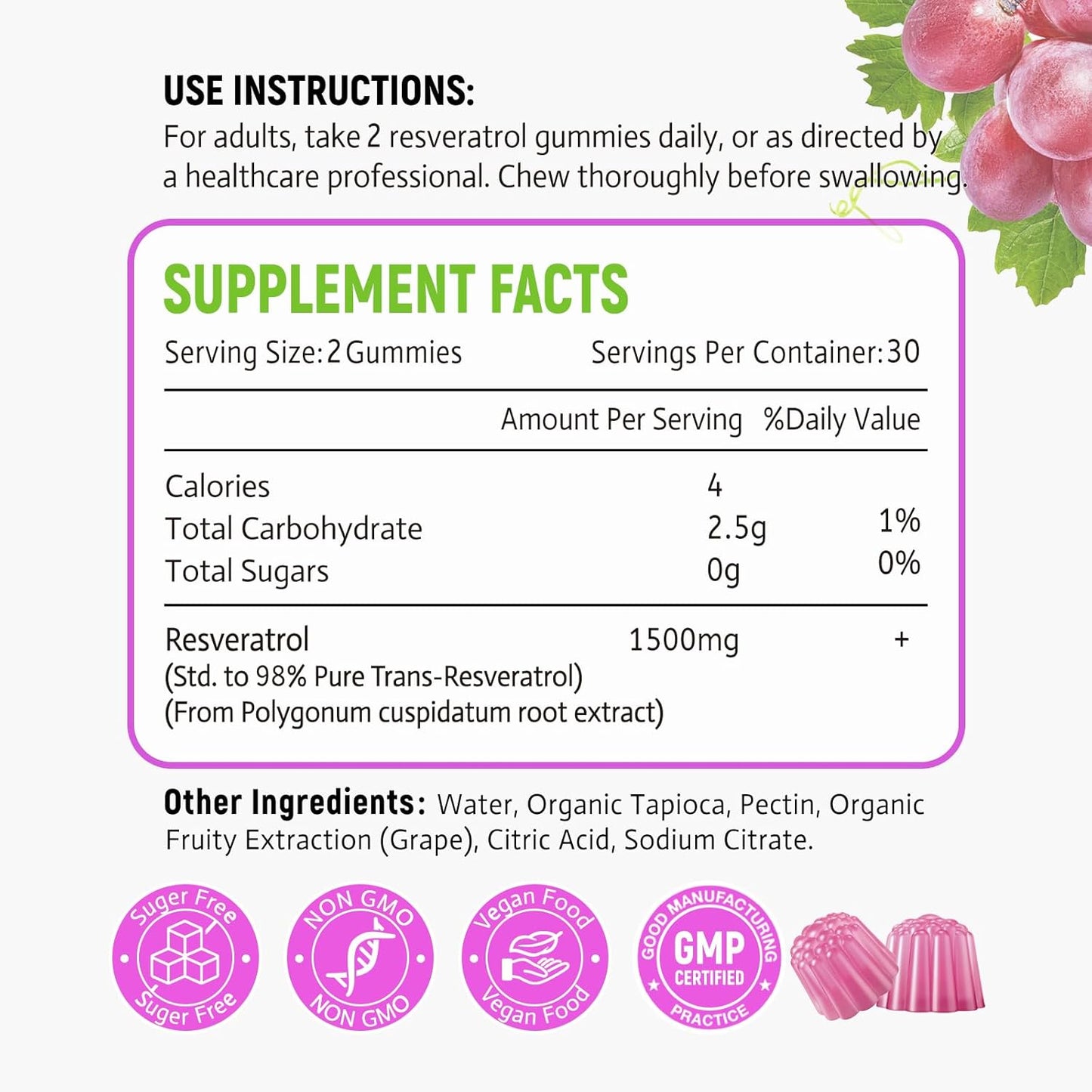 Organic Sugar-Free Resveratrol Gummies - Premium Antioxidant Supplement for Skin, Brain, Healthy Aging - 120 Count - BoostGo Australia