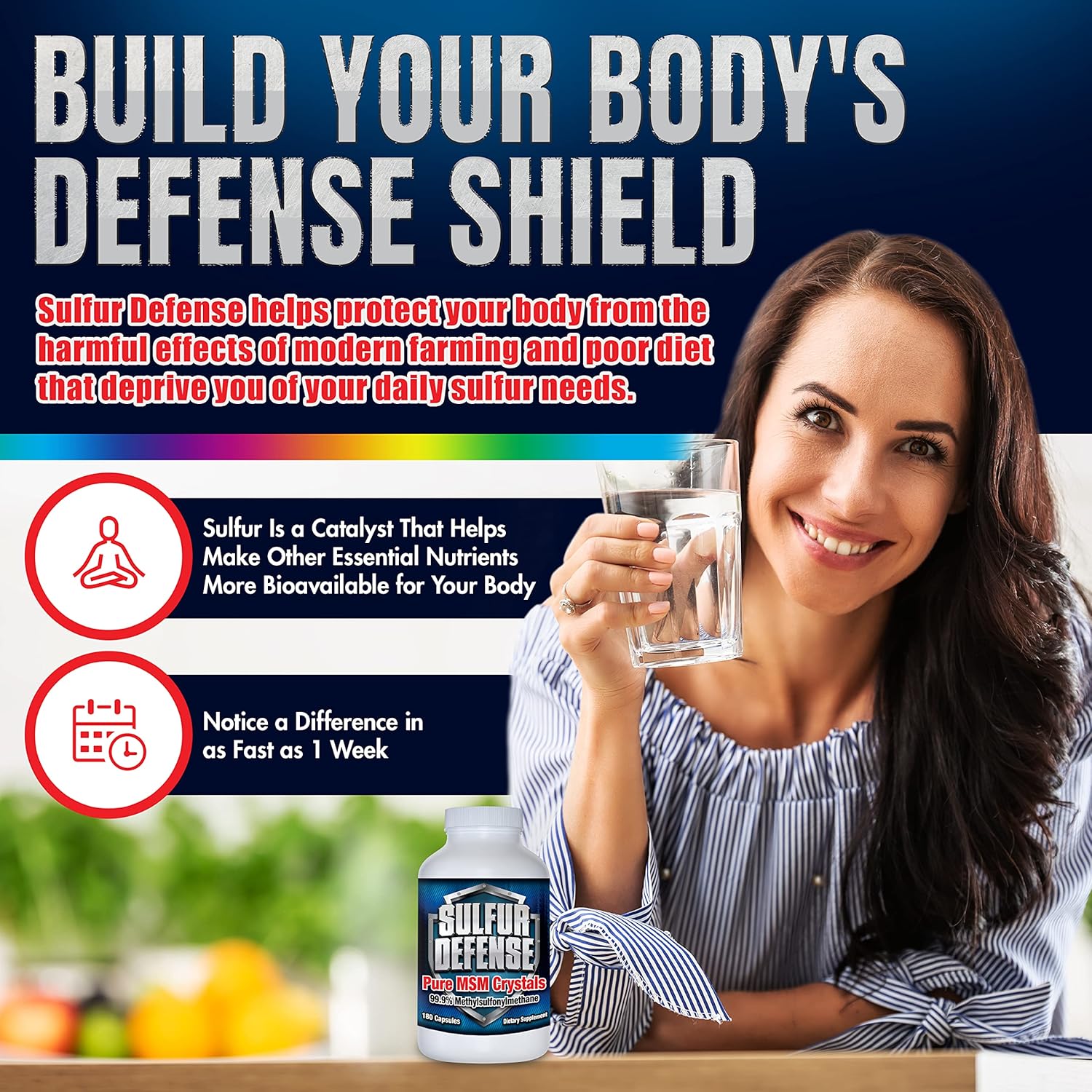 Organic Sulfur Defense Opti-MSM 99.9% Pure Capsules for Immune Support & Joint Health, 180 caps, Made in USA