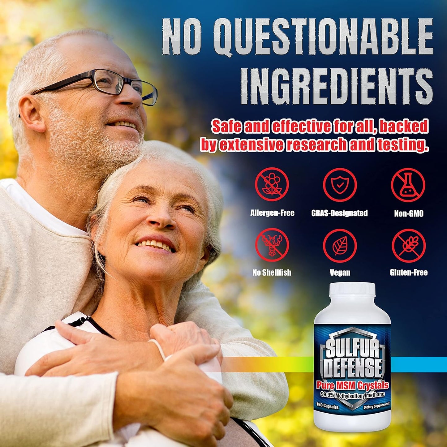 Organic Sulfur Defense Opti-MSM 99.9% Pure Capsules for Immune Support & Joint Health, 180 caps, Made in USA