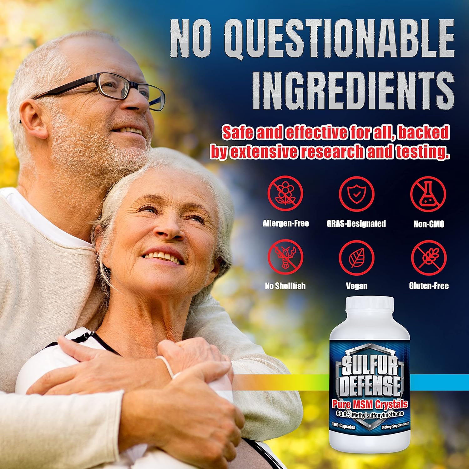 Organic Sulfur Defense Opti-MSM 99.9% Pure Capsules for Immune Support & Joint Health, 180 caps, Made in USA