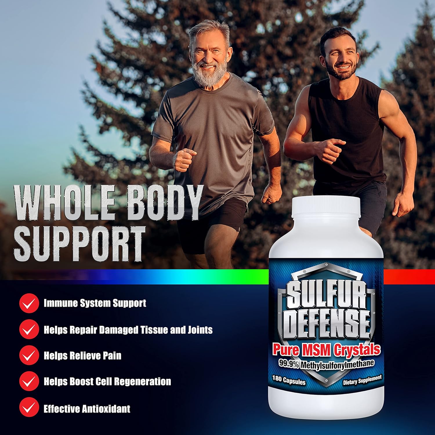 Organic Sulfur Defense Opti-MSM 99.9% Pure Capsules for Immune Support & Joint Health, 180 caps, Made in USA