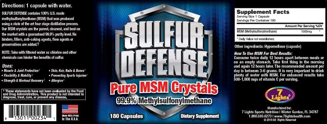 Organic Sulfur Defense Opti-MSM 99.9% Pure Capsules for Immune Support & Joint Health, 180 caps, Made in USA