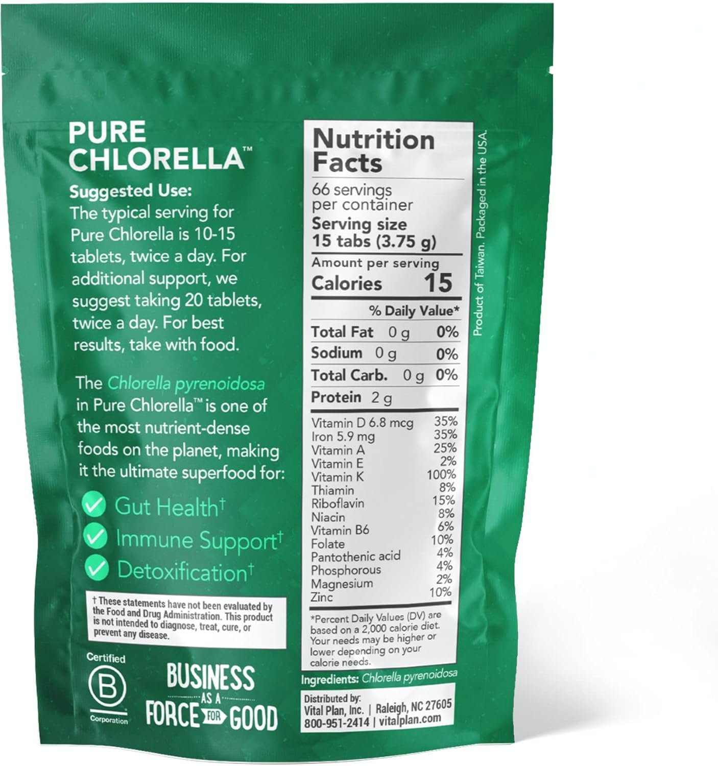 Organic Sun Grown Chlorella Tablets with Broken Cell Wall - Vital Plan Pure Chlorella Supplement by Dr. Bill Rawls for Chlorophyll Boost - 1000 Tabs