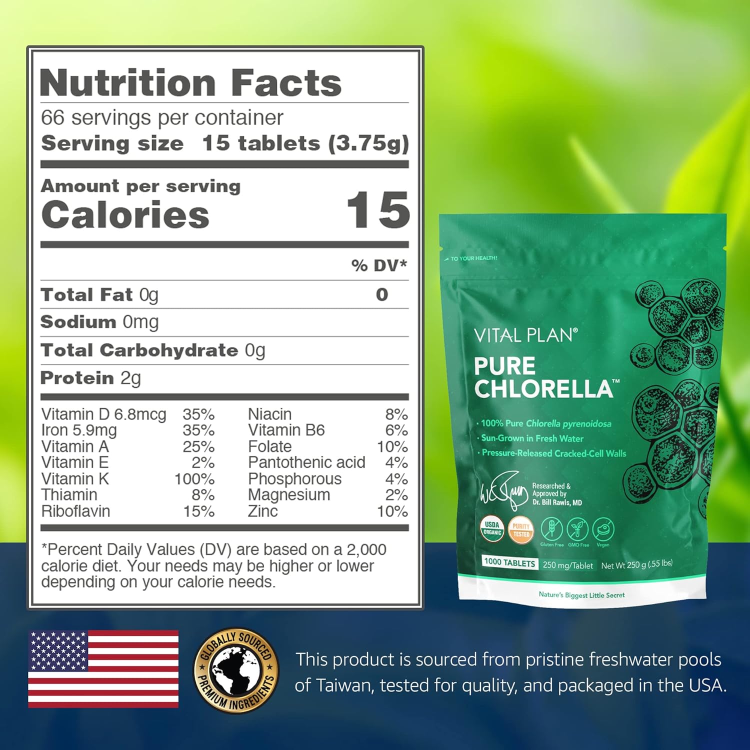 Organic Sun Grown Chlorella Tablets with Broken Cell Wall - Vital Plan Pure Chlorella Supplement by Dr. Bill Rawls for Chlorophyll Boost - 1000 Tabs