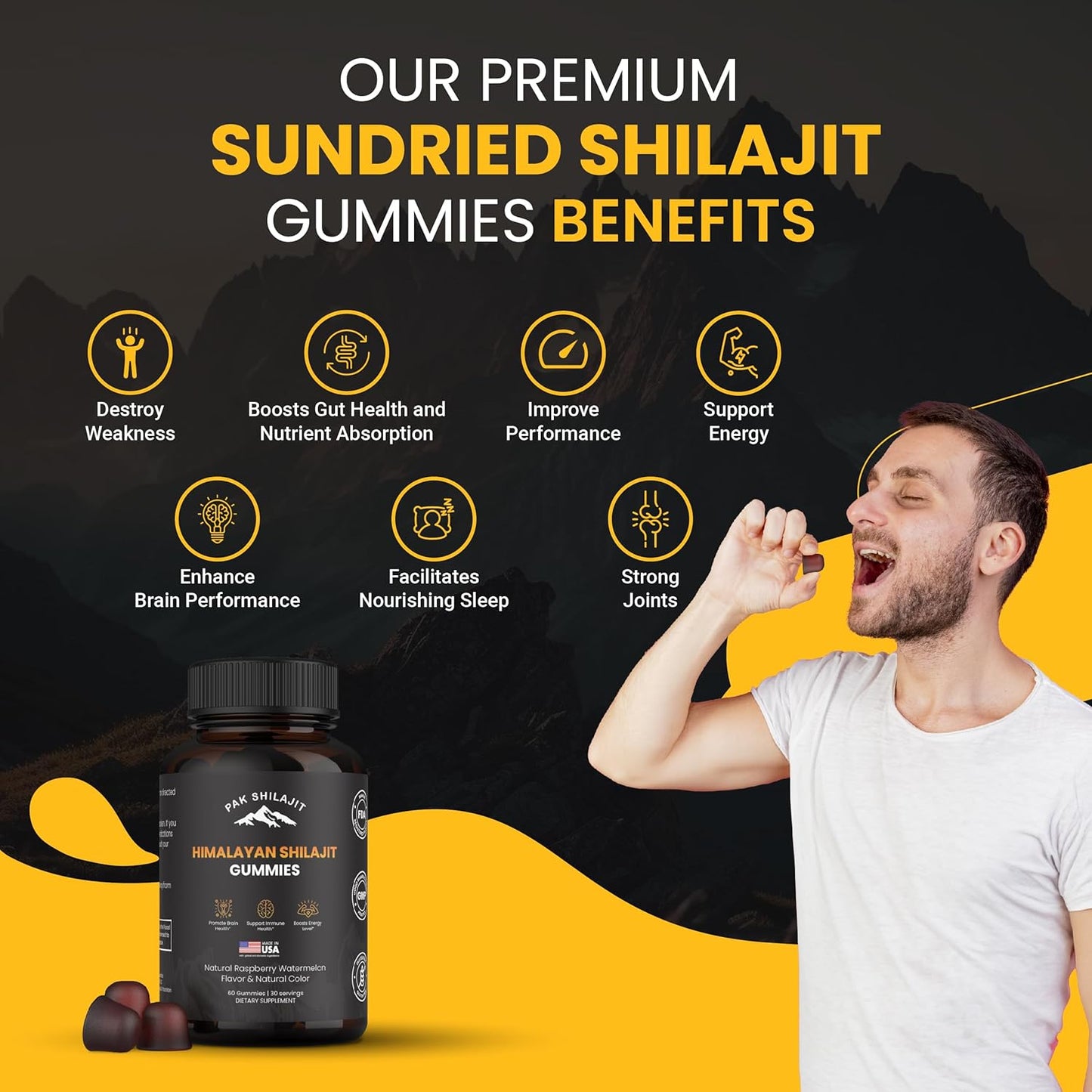 Organic Sundried Himalayan Shilajit Gummies with 85+ Trace Minerals for Energy and Immunity - Sugar-Free 60 Count