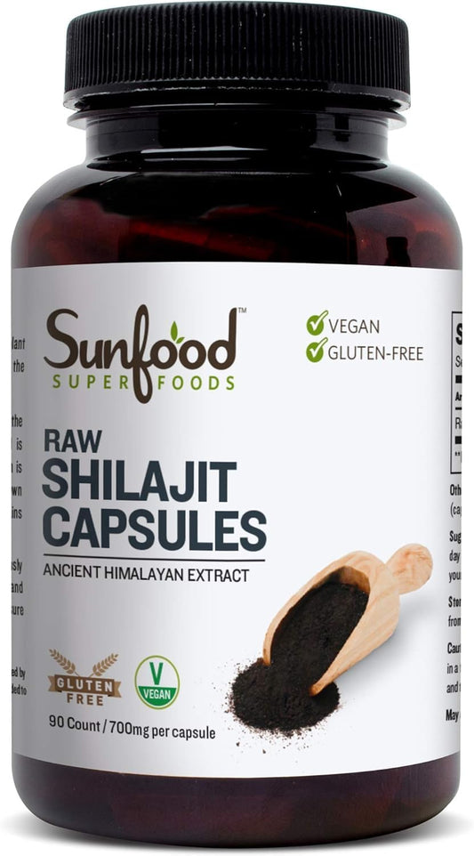 Organic Sunfood Shilajit Capsules - Himalayan Extract with Fulvic Acid, Minerals - 90 Pills for Women & Men