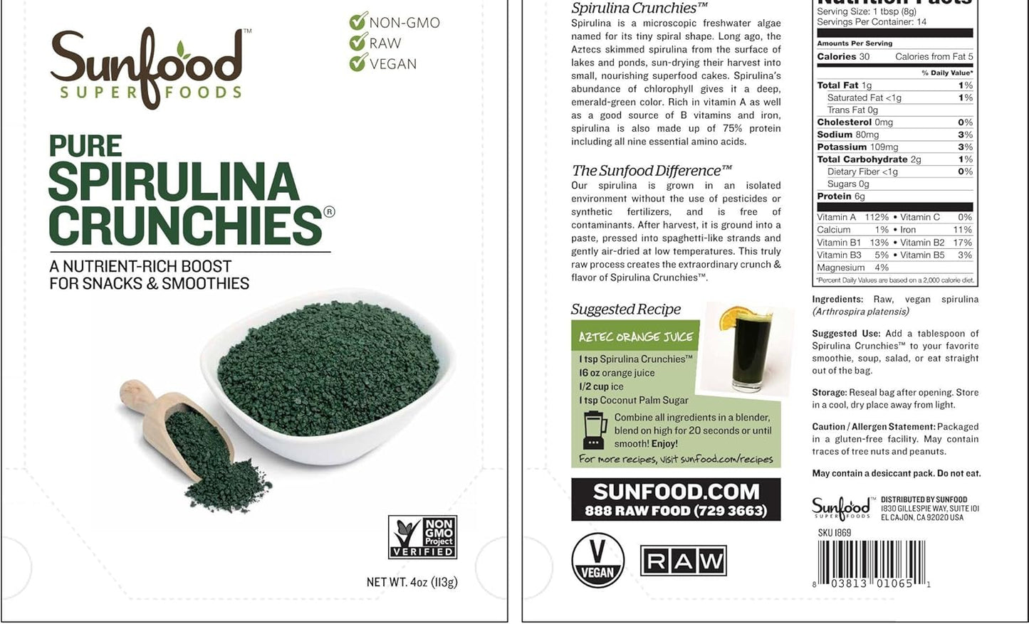 Organic Sunfood Superfoods Spirulina Crunchies Tablets - 4 oz Bag
