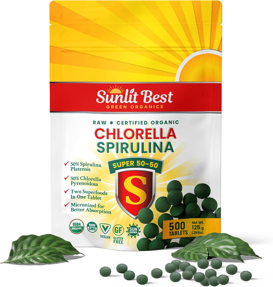 Organic Sunlit Green Chlorella Spirulina Tablets - Immune & Gut Support, Mood Boost - Rich in Chlorophyll & Amino Acids, 500 Tabs