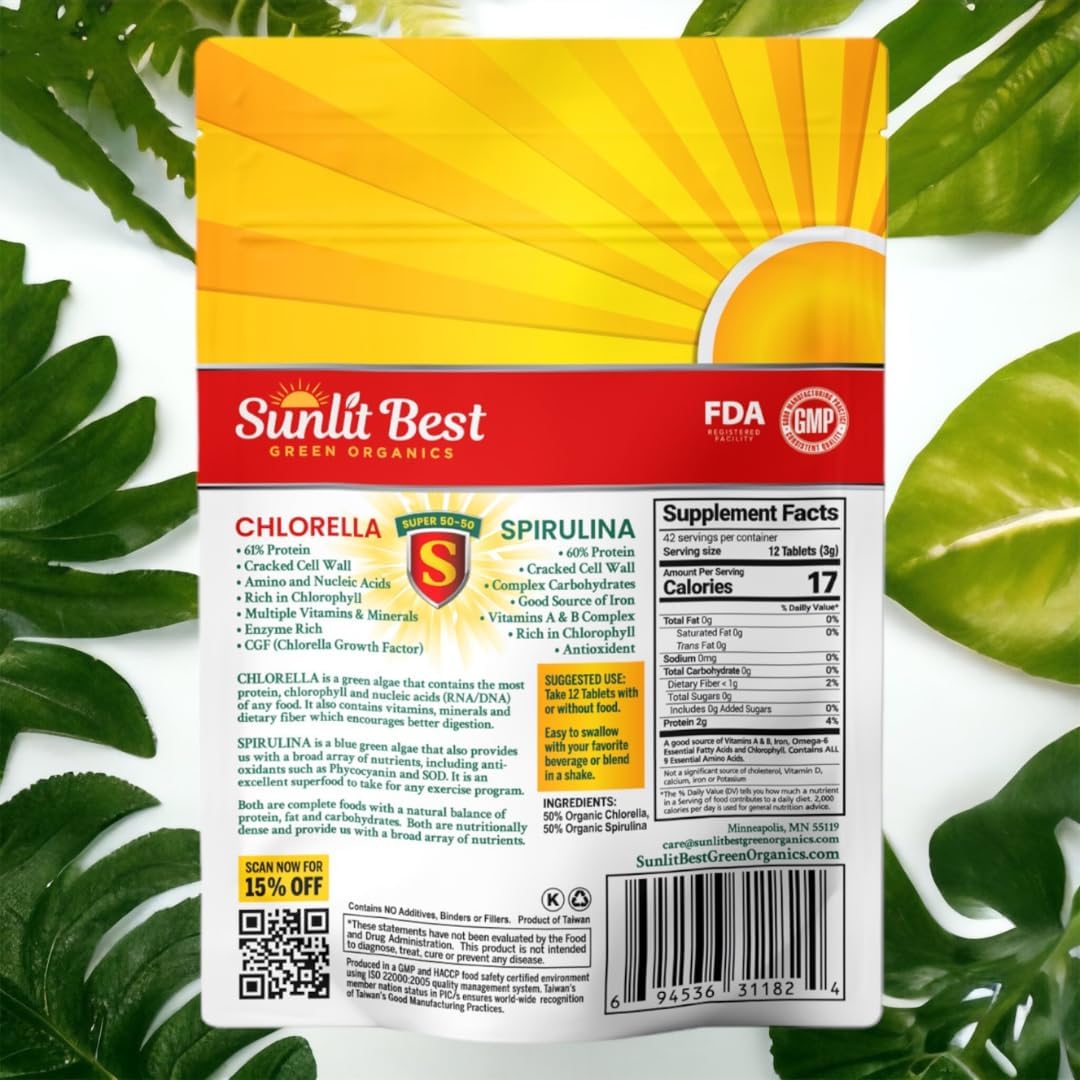 Organic Sunlit Green Chlorella Spirulina Tablets - Immune & Gut Support, Mood Boost - Rich in Chlorophyll & Amino Acids, 500 Tabs