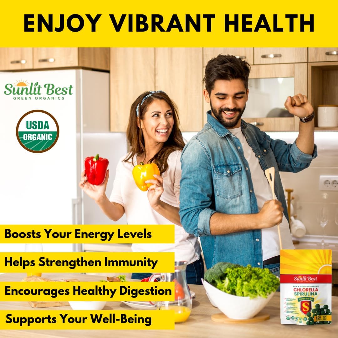 Organic Sunlit Green Chlorella Spirulina Tablets - Immune & Gut Support, Mood Boost - Rich in Chlorophyll & Amino Acids, 500 Tabs