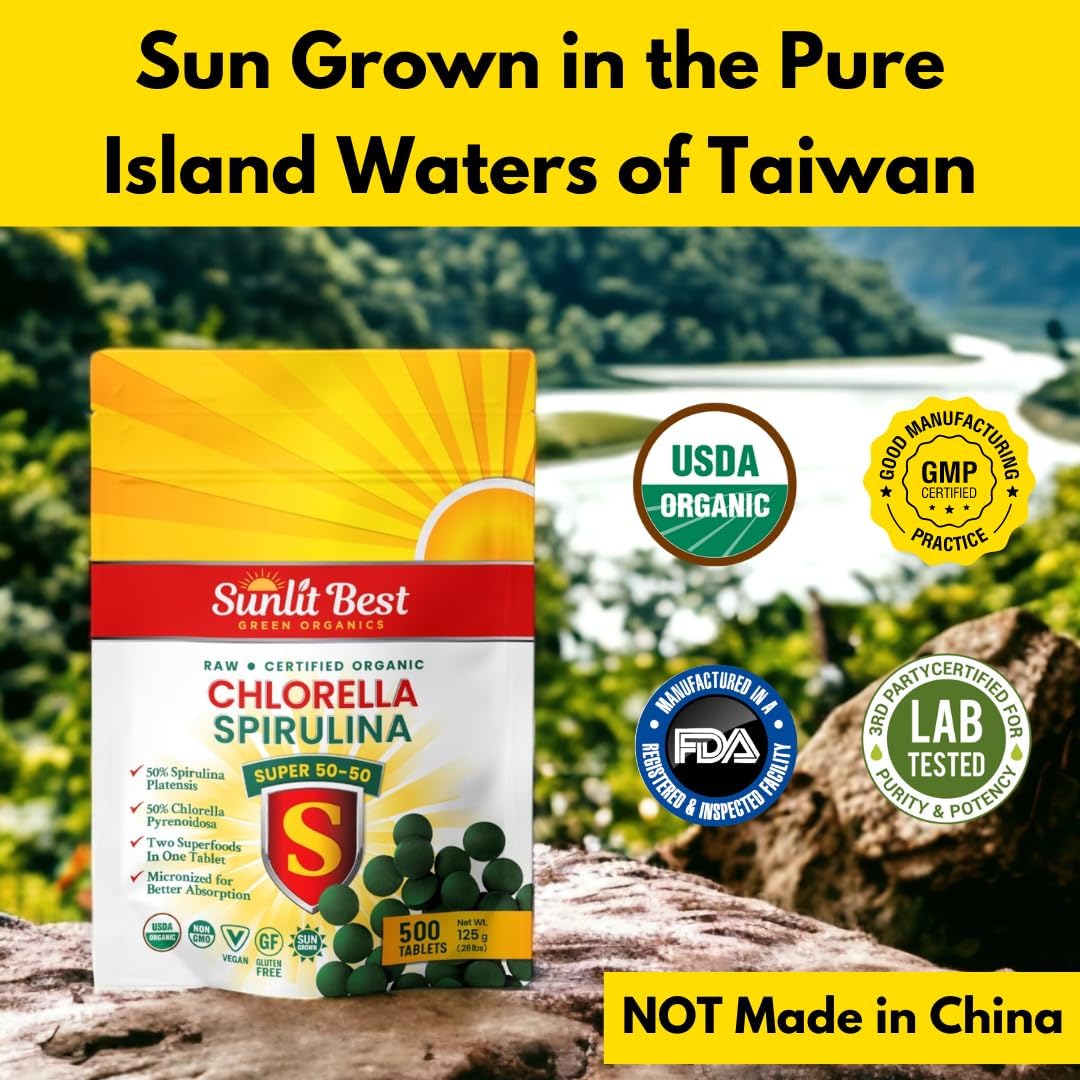 Organic Sunlit Green Chlorella Spirulina Tablets - Immune & Gut Support, Mood Boost - Rich in Chlorophyll & Amino Acids, 500 Tabs