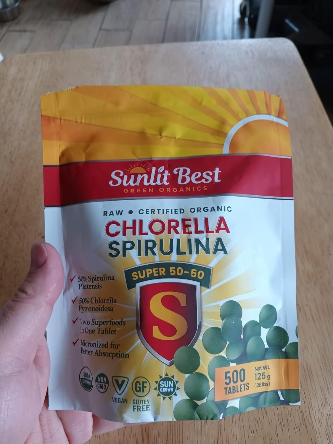Organic Sunlit Green Chlorella Spirulina Tablets - Immune & Gut Support, Mood Boost - Rich in Chlorophyll & Amino Acids, 500 Tabs