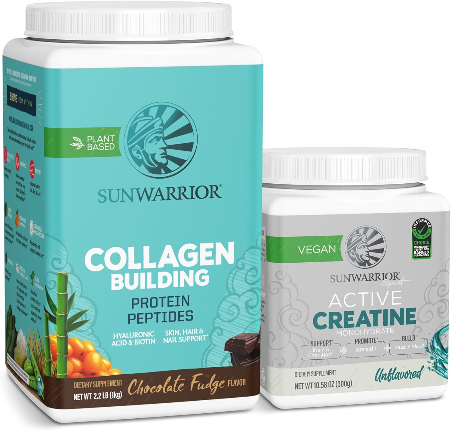 Organic Sunwarrior Vegan Collagen & Creatine Powder Bundle - Chocolate & Unflavored - 40 Servings & 60 Servings