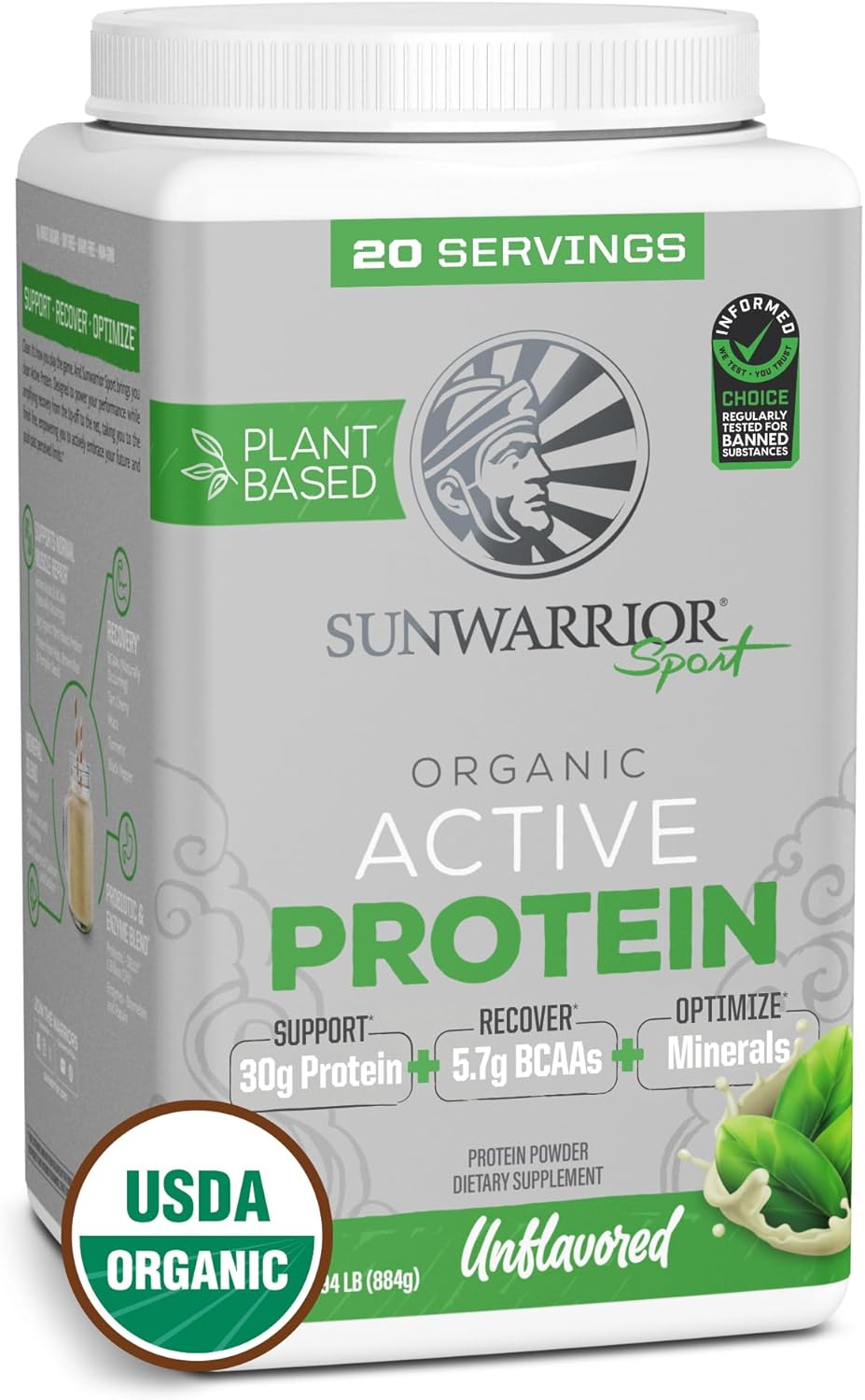 Organic Sunwarrior Vegan Protein Powder with BCAAs, 30g per Serving, Sugar/Gluten/Dairy Free, Non-GMO, 20 Servings, Unflavored, Active Sport