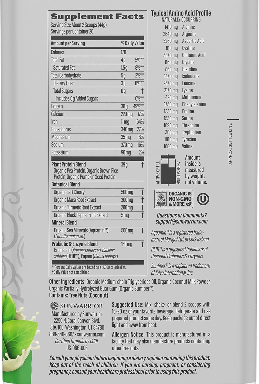 Organic Sunwarrior Vegan Protein Powder with BCAAs, 30g per Serving, Sugar/Gluten/Dairy Free, Non-GMO, 20 Servings, Unflavored, Active Sport