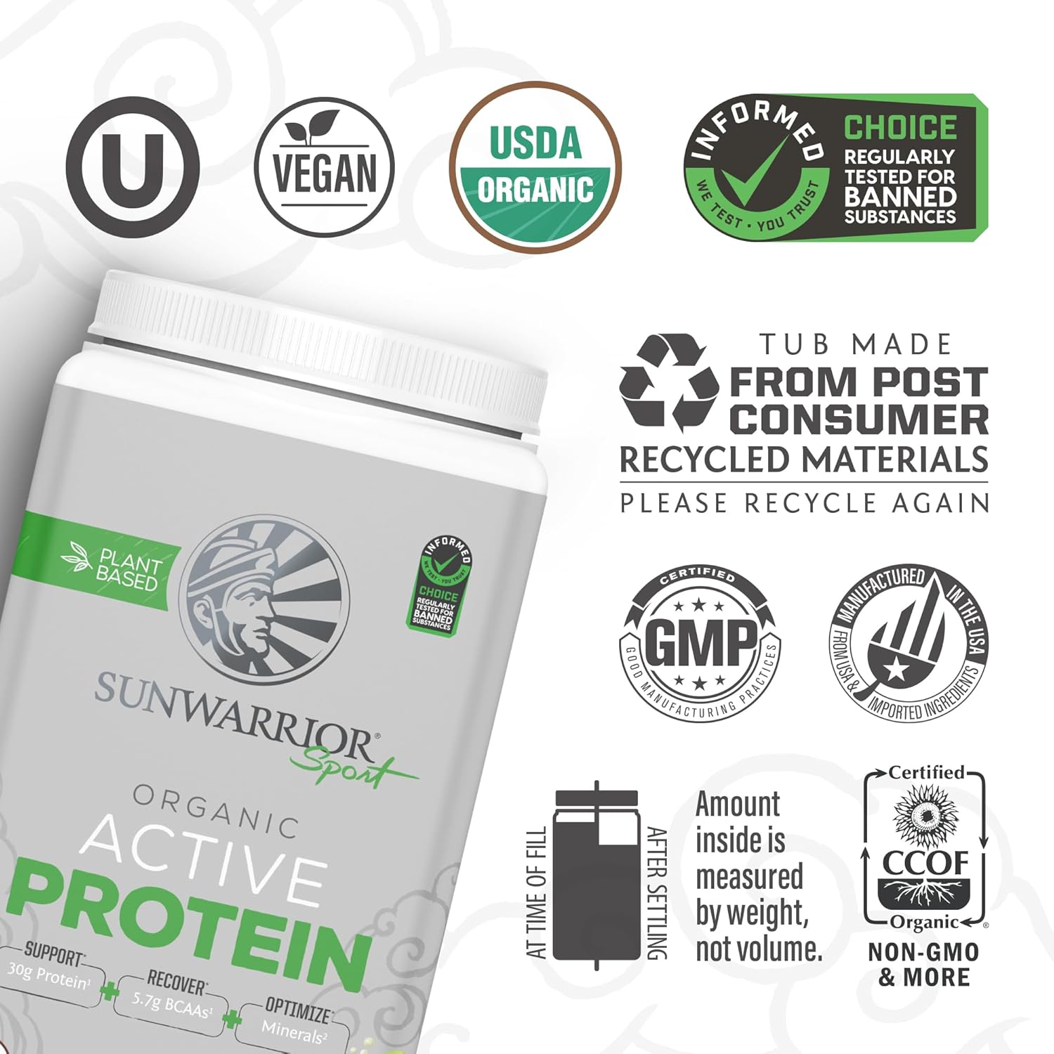 Organic Sunwarrior Vegan Protein Powder with BCAAs, 30g per Serving, Sugar/Gluten/Dairy Free, Non-GMO, 20 Servings, Unflavored, Active Sport