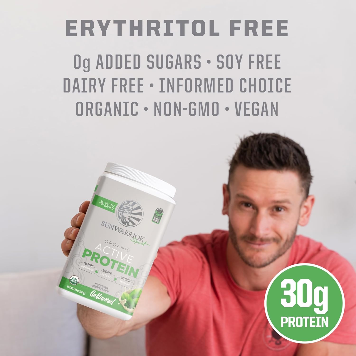 Organic Sunwarrior Vegan Protein Powder with BCAAs, 30g per Serving, Sugar/Gluten/Dairy Free, Non-GMO, 20 Servings, Unflavored, Active Sport