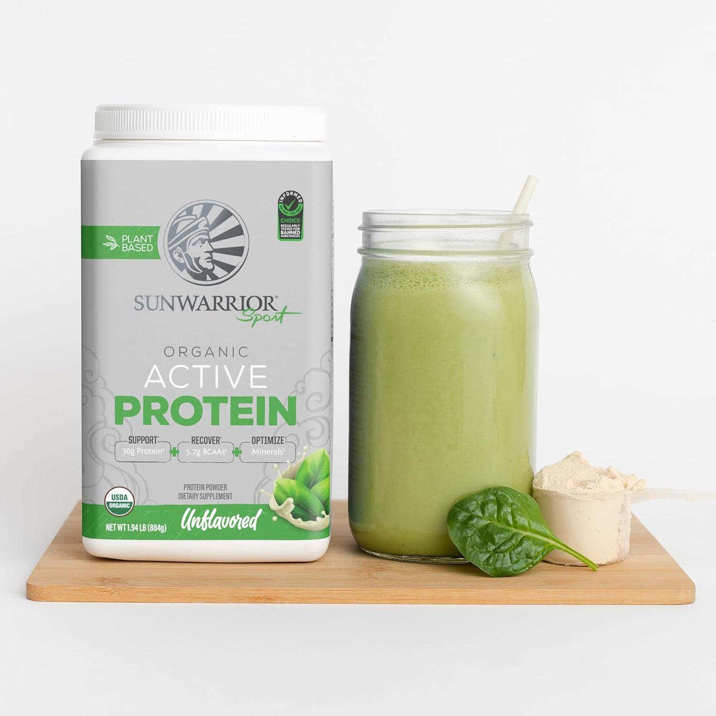 Organic Sunwarrior Vegan Protein Powder with BCAAs, 30g per Serving, Sugar/Gluten/Dairy Free, Non-GMO, 20 Servings, Unflavored, Active Sport