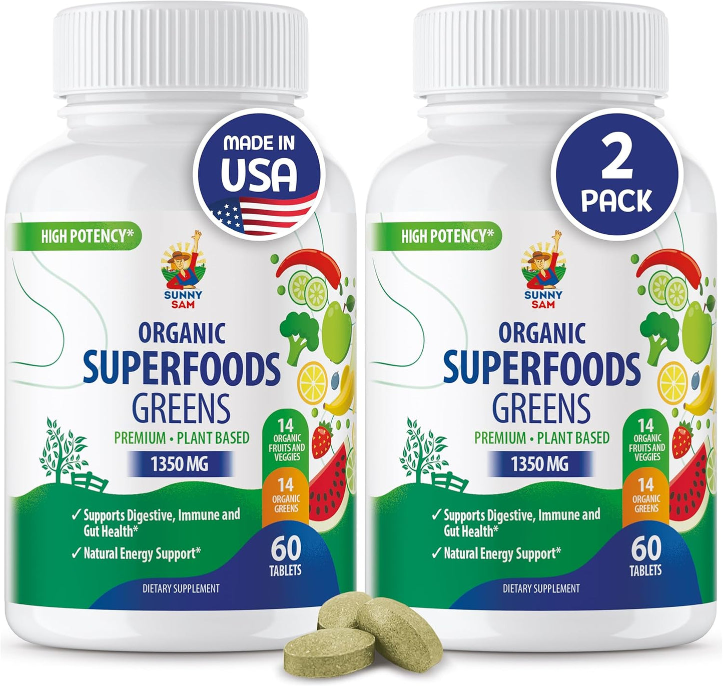 Organic Super Green Supplements for Adults - 120 Count - Real Fruits, Vegetables, Herbs - Digestive & Energy Support