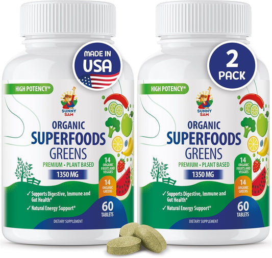 Organic Super Green Supplements for Adults - 120 Count - Real Fruits, Vegetables, Herbs - Digestive & Energy Support