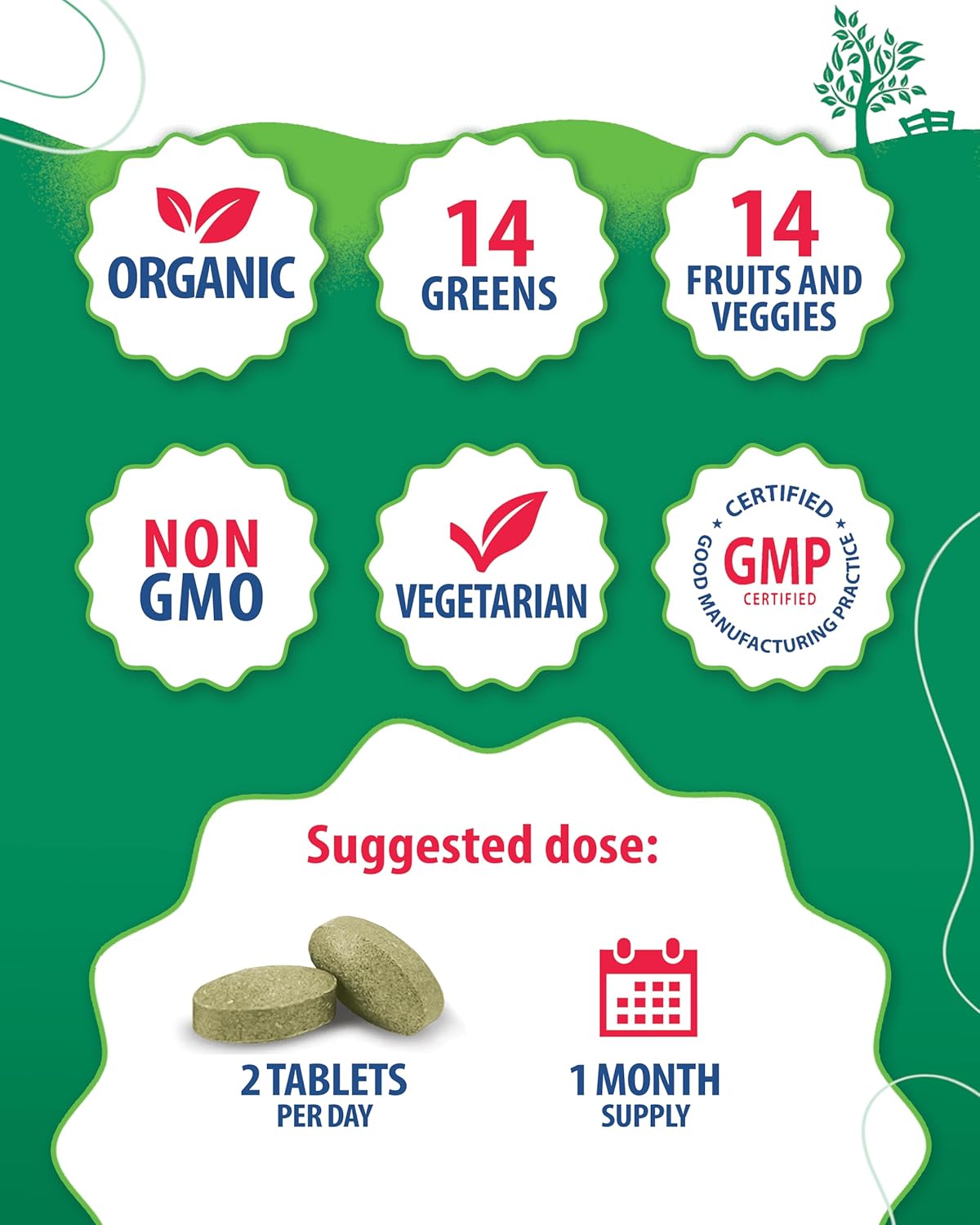 Organic Super Green Supplements for Adults - 120 Count - Real Fruits, Vegetables, Herbs - Digestive & Energy Support