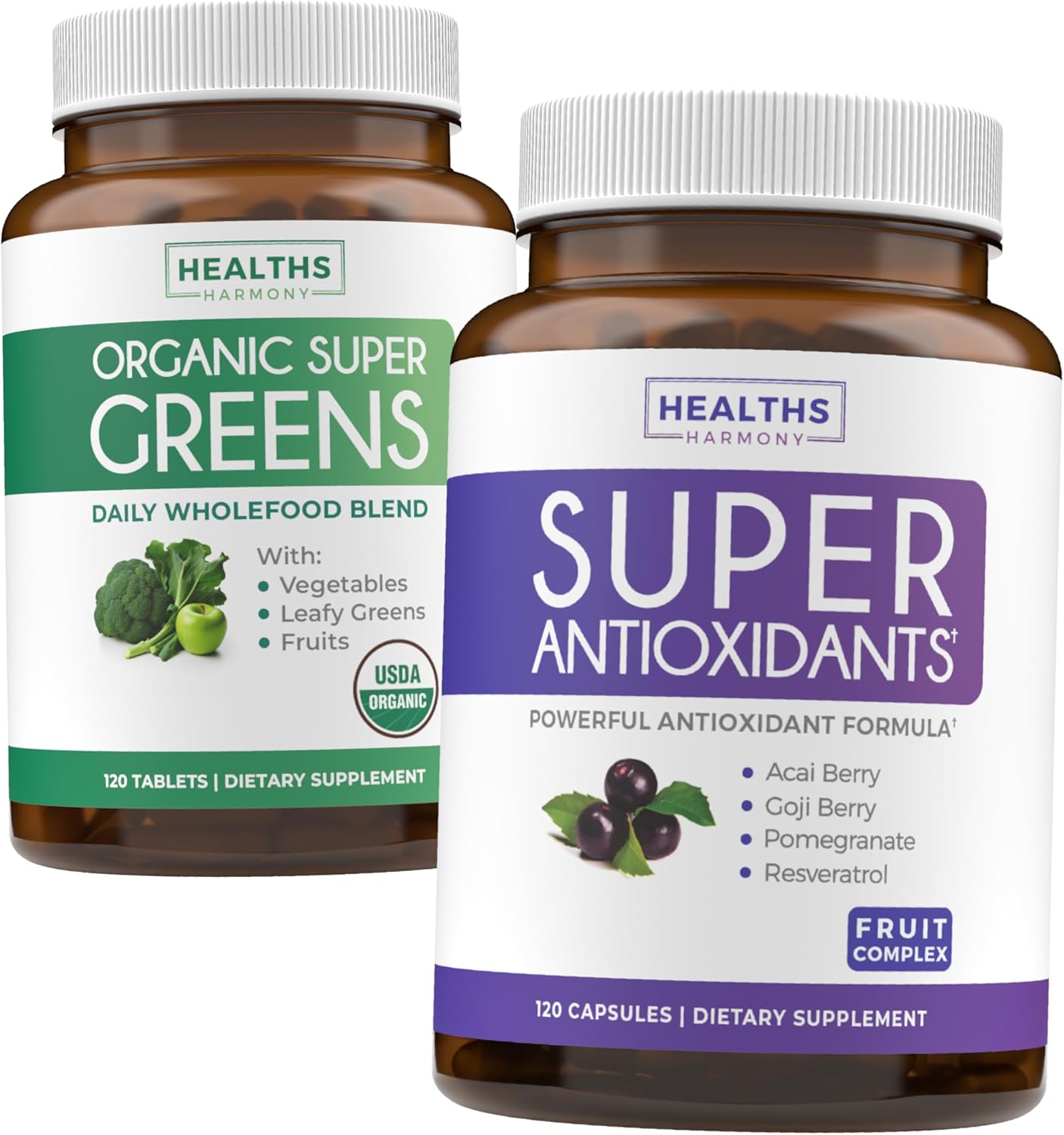 Organic Super Greens & Antioxidants Bundle - 2-Month Supply of Power Greens Powder and Super Antioxidants - Complete Superfood for Health Harmony