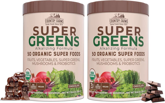 Organic Super Greens Chocolate Drink Mix with 50 Superfoods, Mushrooms, and Probiotics for Energy - 40 Servings, 10.6 Oz (2 Pack)