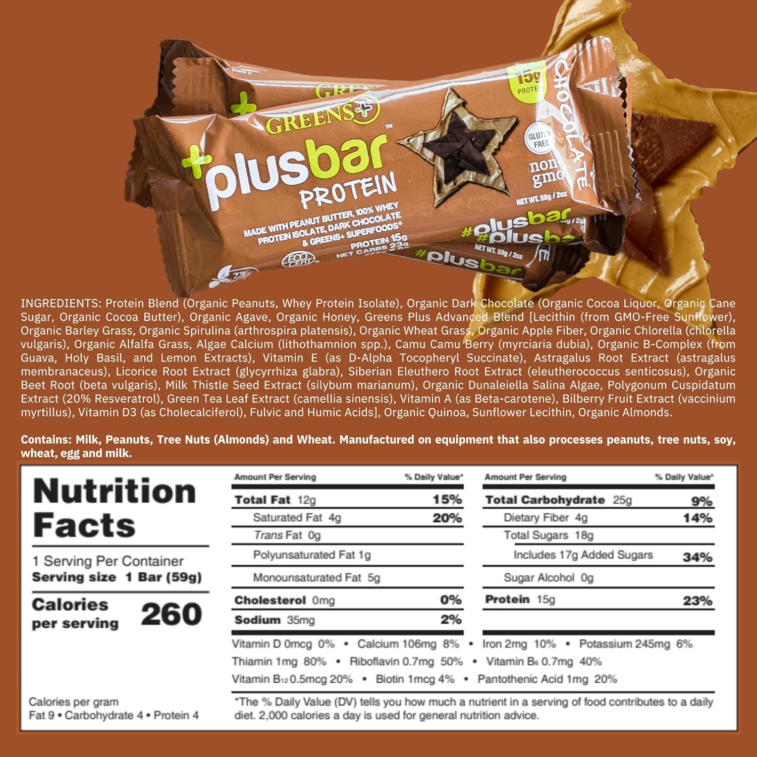 Organic Super Greens Dark Chocolate Protein Bars with Whey Isolate - Gluten Free & Vegan Meal Replacement Snacks (12 Bars)
