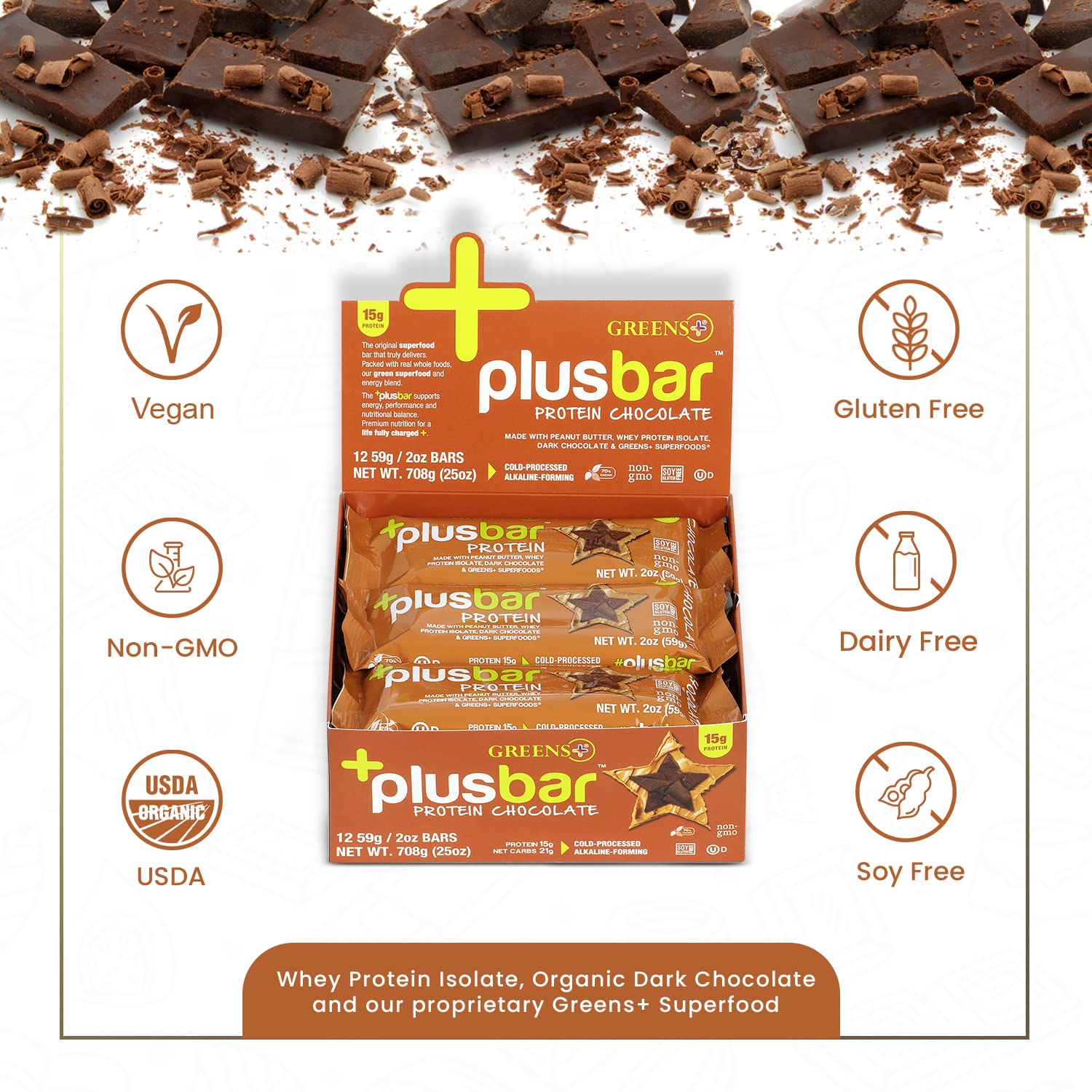 Organic Super Greens Dark Chocolate Protein Bars with Whey Isolate - Gluten Free & Vegan Meal Replacement Snacks (12 Bars)